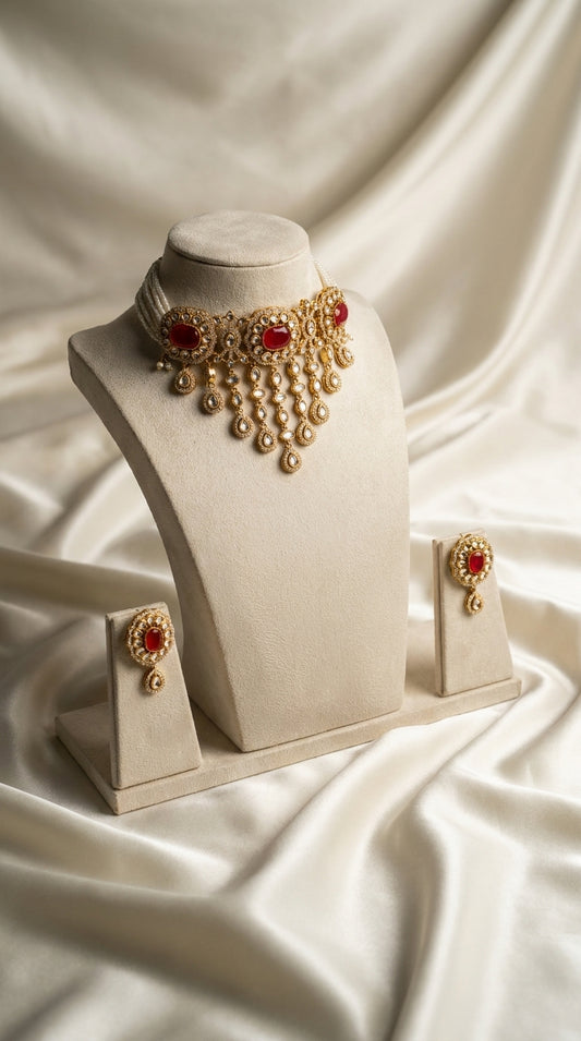 Red and gold Kundan-style choker necklace and earring jewellery set with pearl bead strands and teardrop pendants — Behuli — view 2
