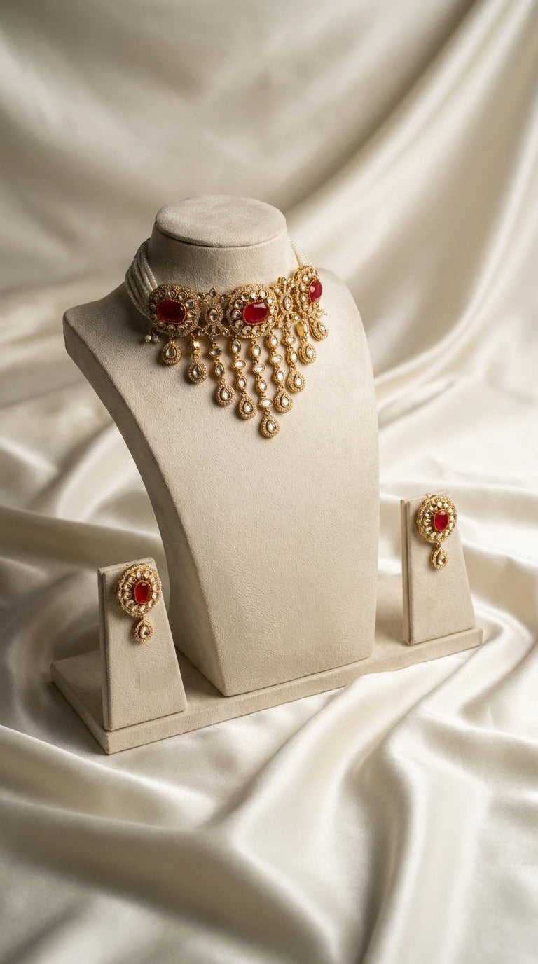Red and gold Kundan-style choker necklace and earring jewellery set with pearl bead strands and teardrop pendants — Behuli — view 2
