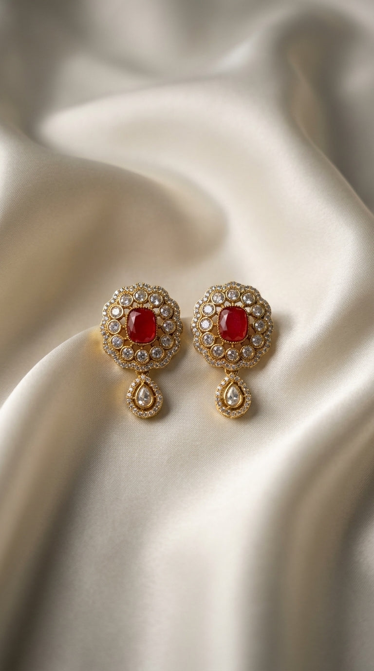 Red and gold Kundan-style choker necklace and earring jewellery set with pearl bead strands and teardrop pendants — Behuli — view 3