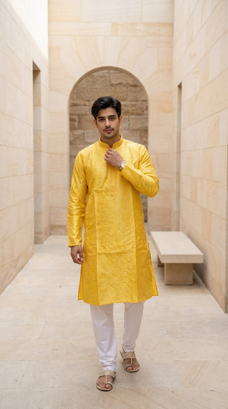 Mustard yellow men's kurti with self-jacquard pattern, mandarin collar and white suruwal pants — Behuli Australia