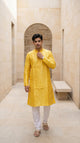 Mustard Yellow Men's Kurti with Self-Jacquard Pattern & Mandarin Collar