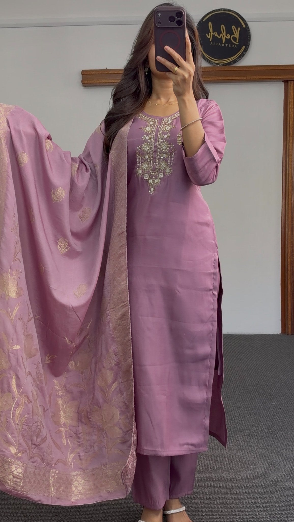 Mauve pink kurti set with embroidered neckline detail and matching gold-print dupatta — Behuli Australia