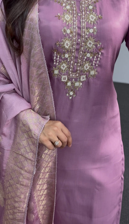 Mauve pink kurti set with embroidered neckline detail and matching gold-print dupatta — Behuli Australia — view 3