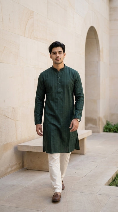 Bottle green men's kurta with mandarin collar and subtle woven texture, paired with cream trousers and brown shoes