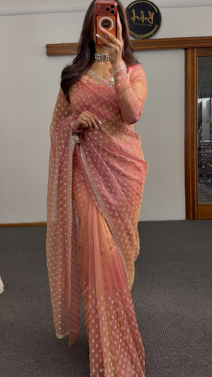 Peach and dusty rose ombre saree with all-over gold teardrop motifs and embroidered border trim — Behuli Australia