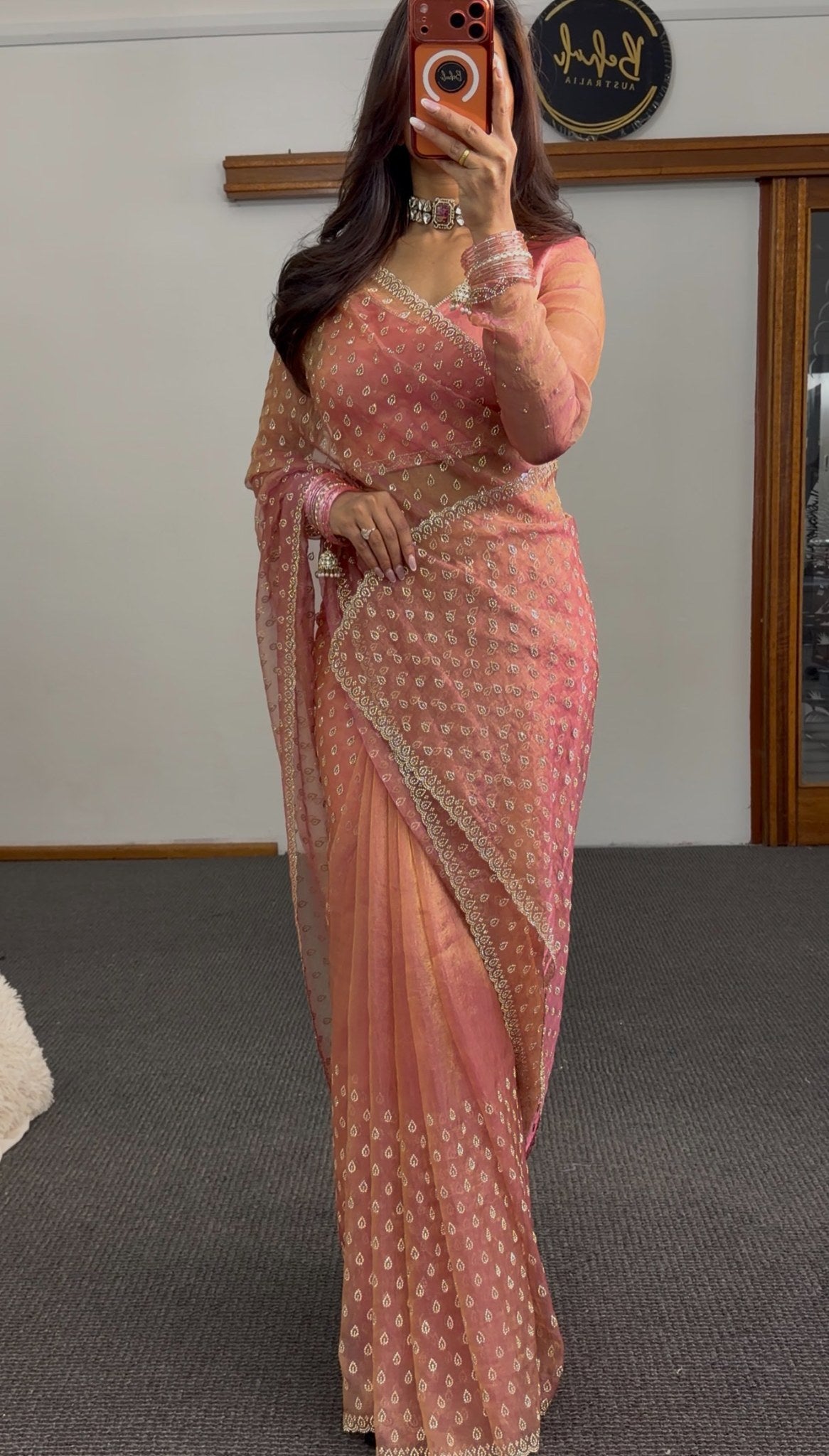Peach and dusty rose ombre saree with all-over gold teardrop motifs and embroidered border trim — Behuli Australia — view 2