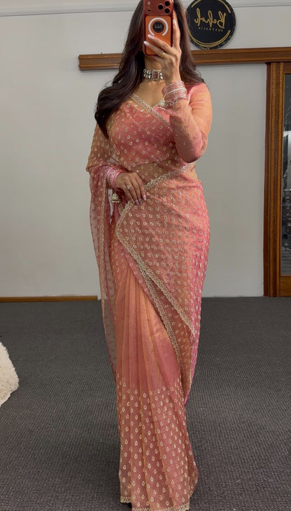 Peach and dusty rose ombre saree with all-over gold teardrop motifs and embroidered border trim — Behuli Australia — view 2