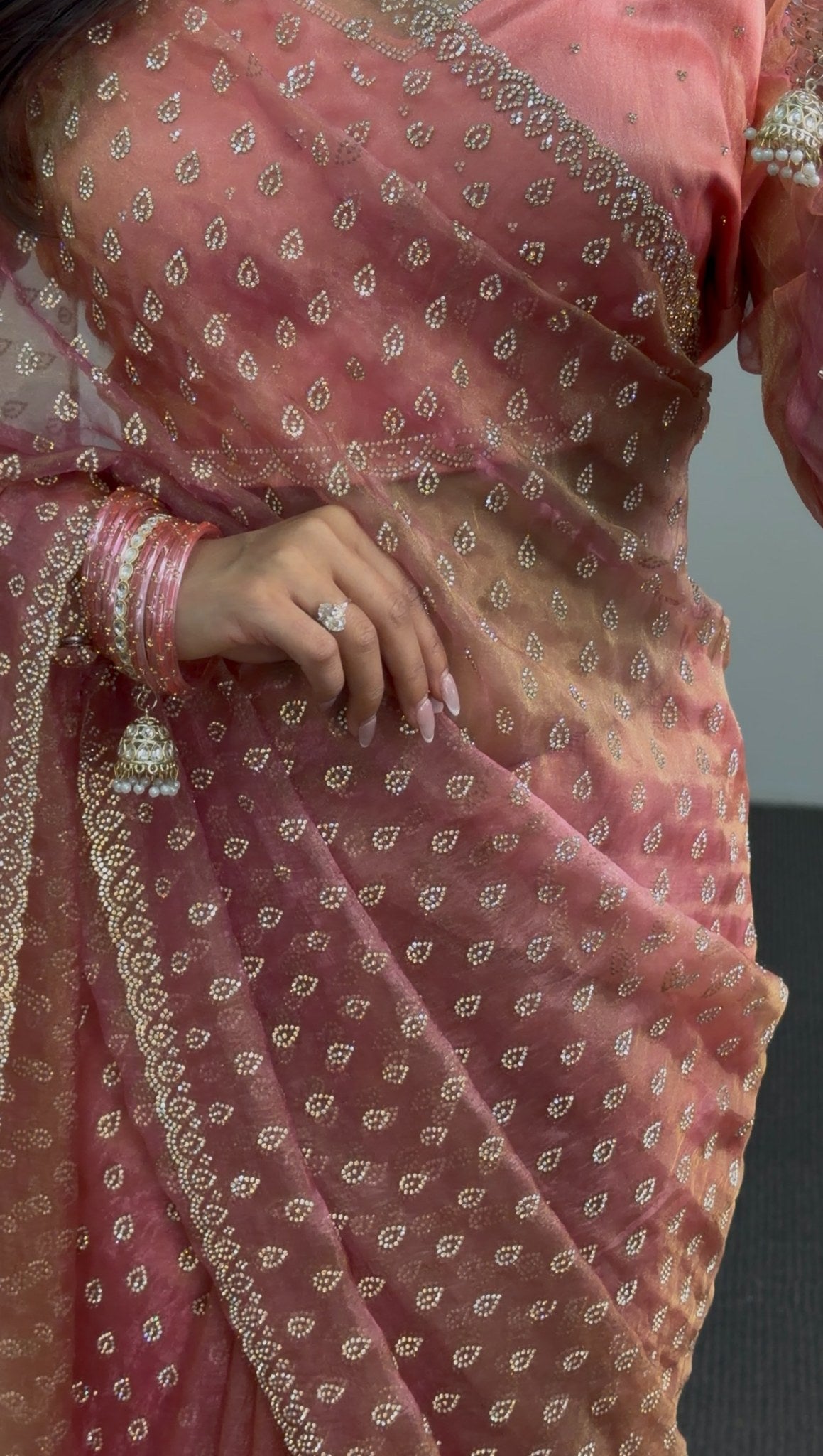 Peach and dusty rose ombre saree with all-over gold teardrop motifs and embroidered border trim — Behuli Australia — view 3