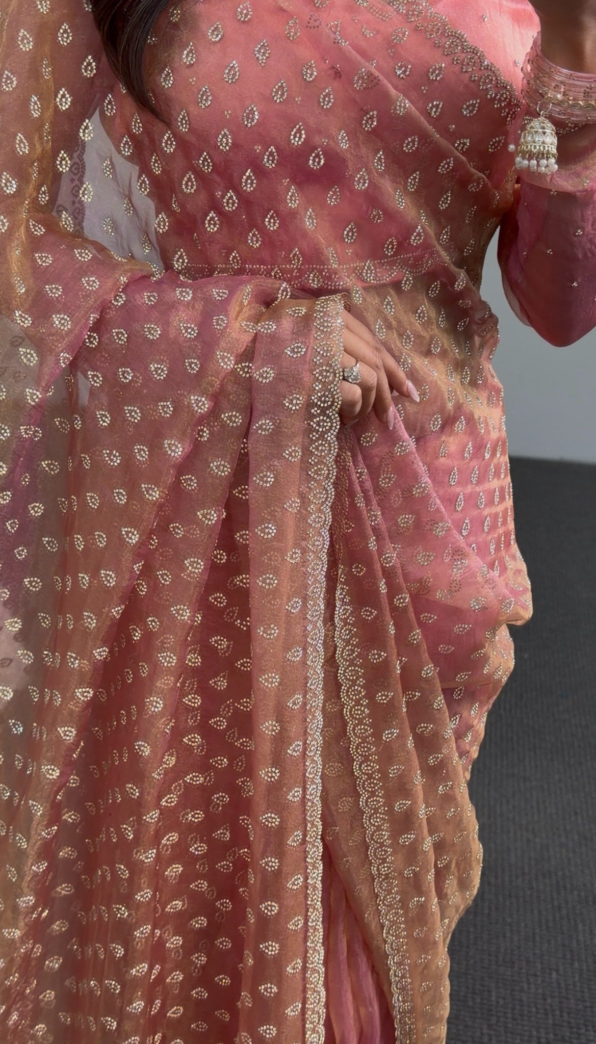 Peach and dusty rose ombre saree with all-over gold teardrop motifs and embroidered border trim — Behuli Australia — view 4