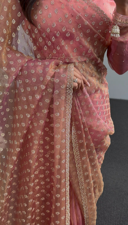 Peach and dusty rose ombre saree with all-over gold teardrop motifs and embroidered border trim — Behuli Australia — view 4