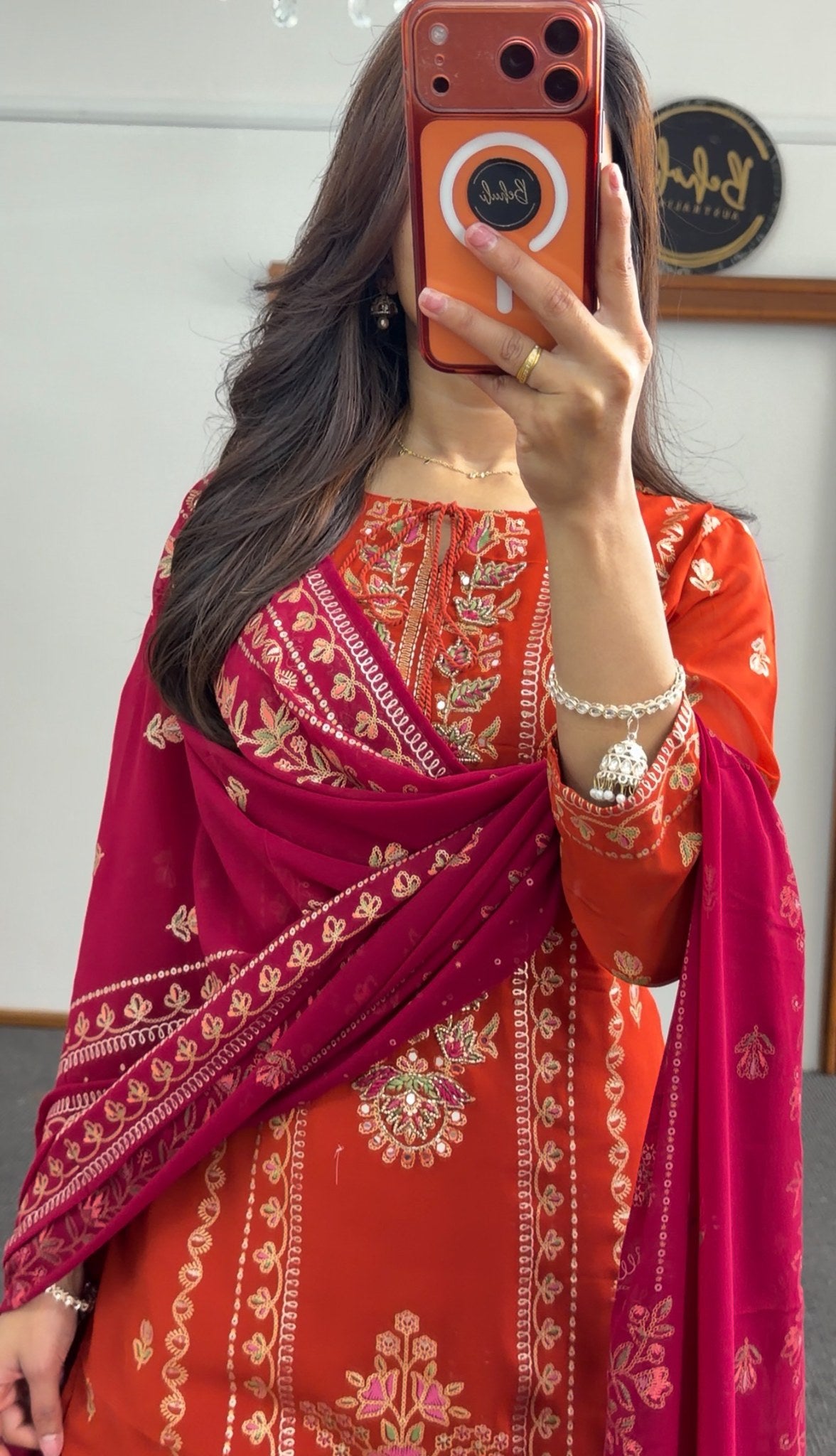 Orange georgette kurti set with floral embroidery, sequin detailing and contrasting fuchsia dupatta — Behuli Australia — view 2