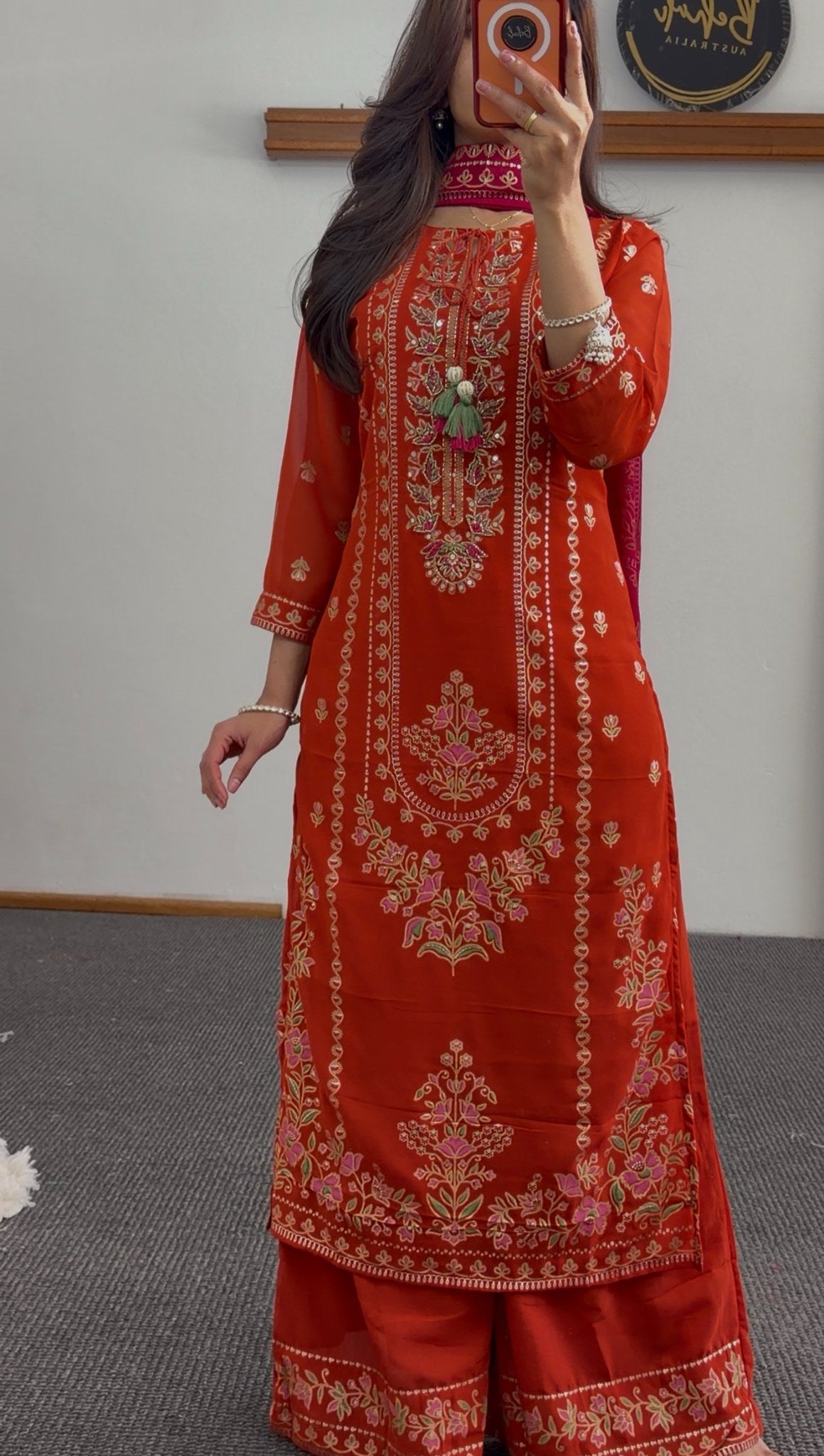 Orange georgette kurti set with floral embroidery, sequin detailing and contrasting fuchsia dupatta — Behuli Australia — view 3