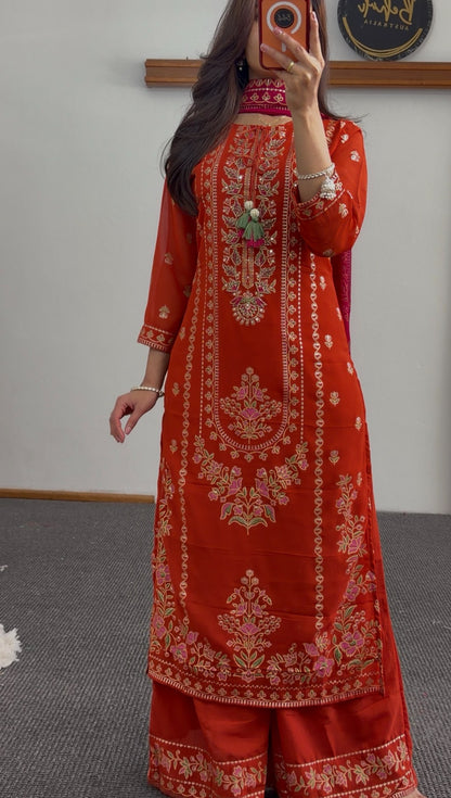 Orange georgette kurti set with floral embroidery, sequin detailing and contrasting fuchsia dupatta — Behuli Australia — view 3