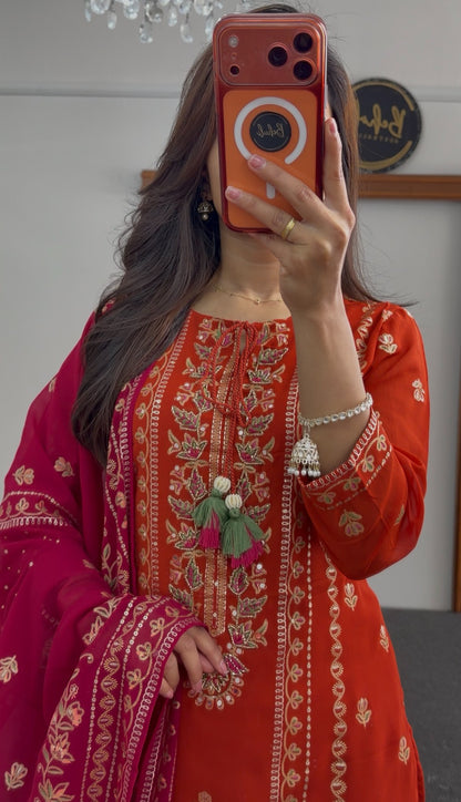 Orange georgette kurti set with floral embroidery, sequin detailing and contrasting fuchsia dupatta — Behuli Australia — view 4