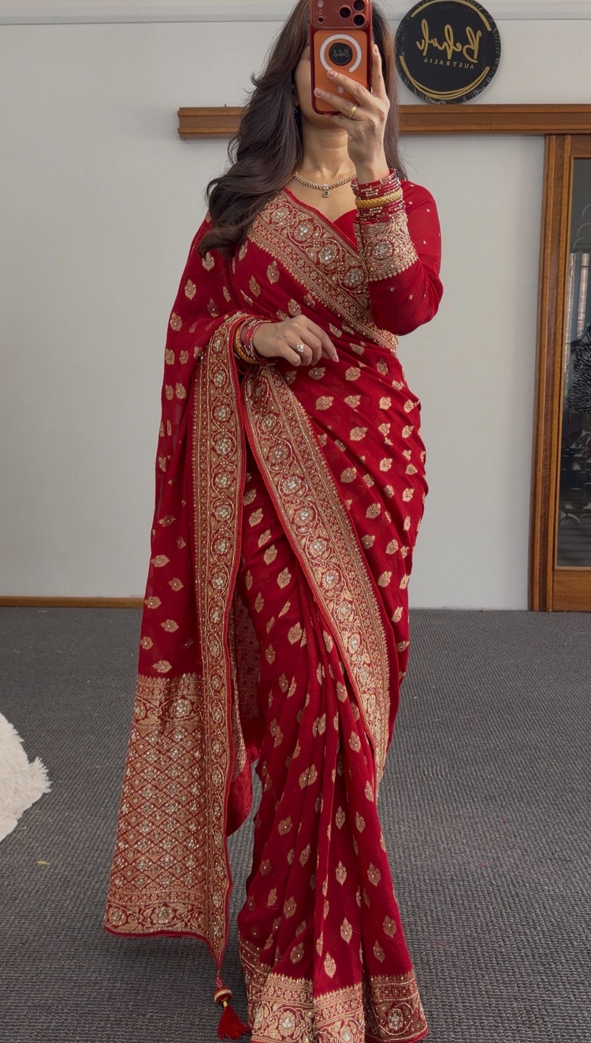 Red Khaddi Georgette saree with gold zari embroidery, sequin border, and matching full-sleeve blouse — Behuli Australia