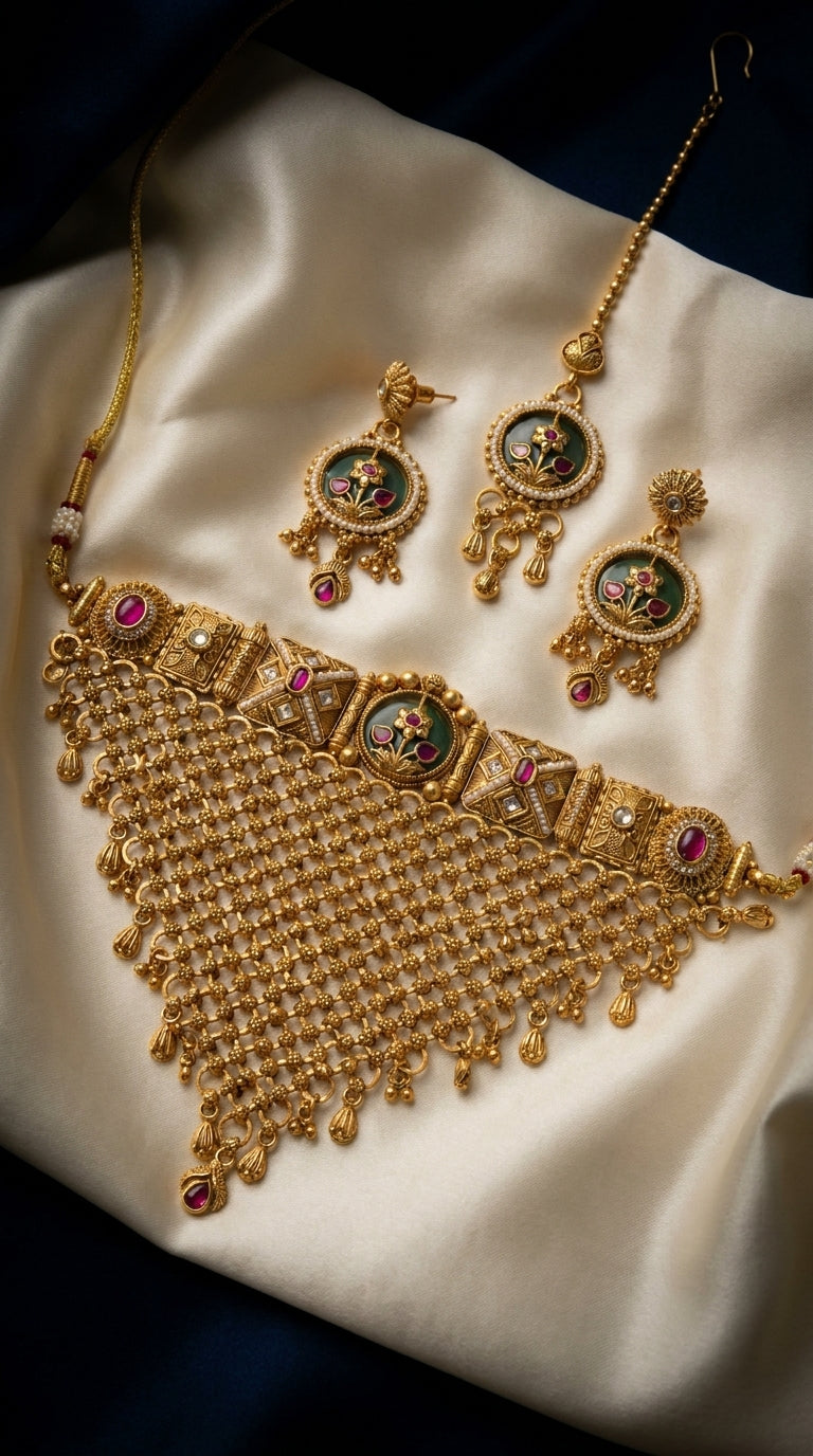 Antique gold-tone choker jewellery set with jali lattice necklace, maang tikka and round earrings featuring green and ruby — view 2