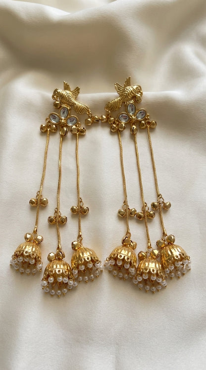 Gold Parrot Jhumka Earrings with Green Stones & Pearls