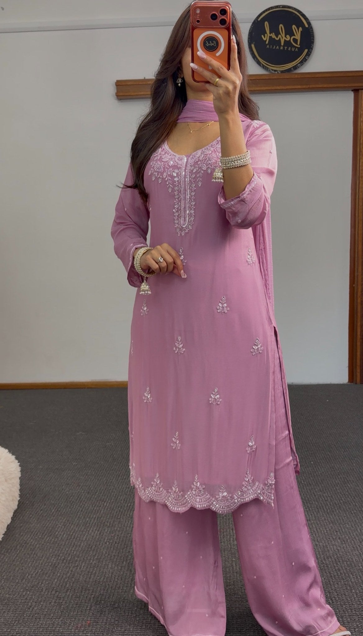 Dusty mauve palazzo suit set with silver-tone floral embroidery and scalloped hem border — Behuli Australia