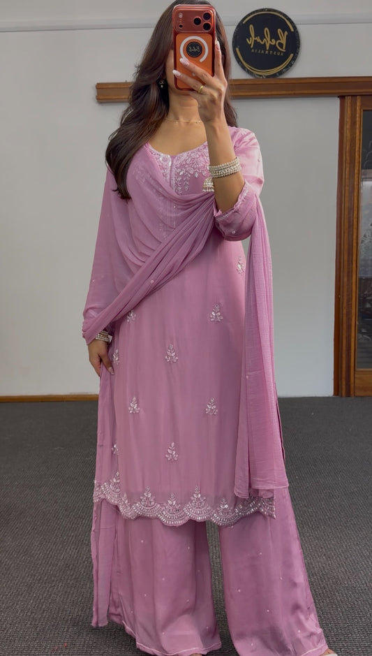 Dusty mauve palazzo suit set with silver-tone floral embroidery and scalloped hem border — Behuli Australia — view 2