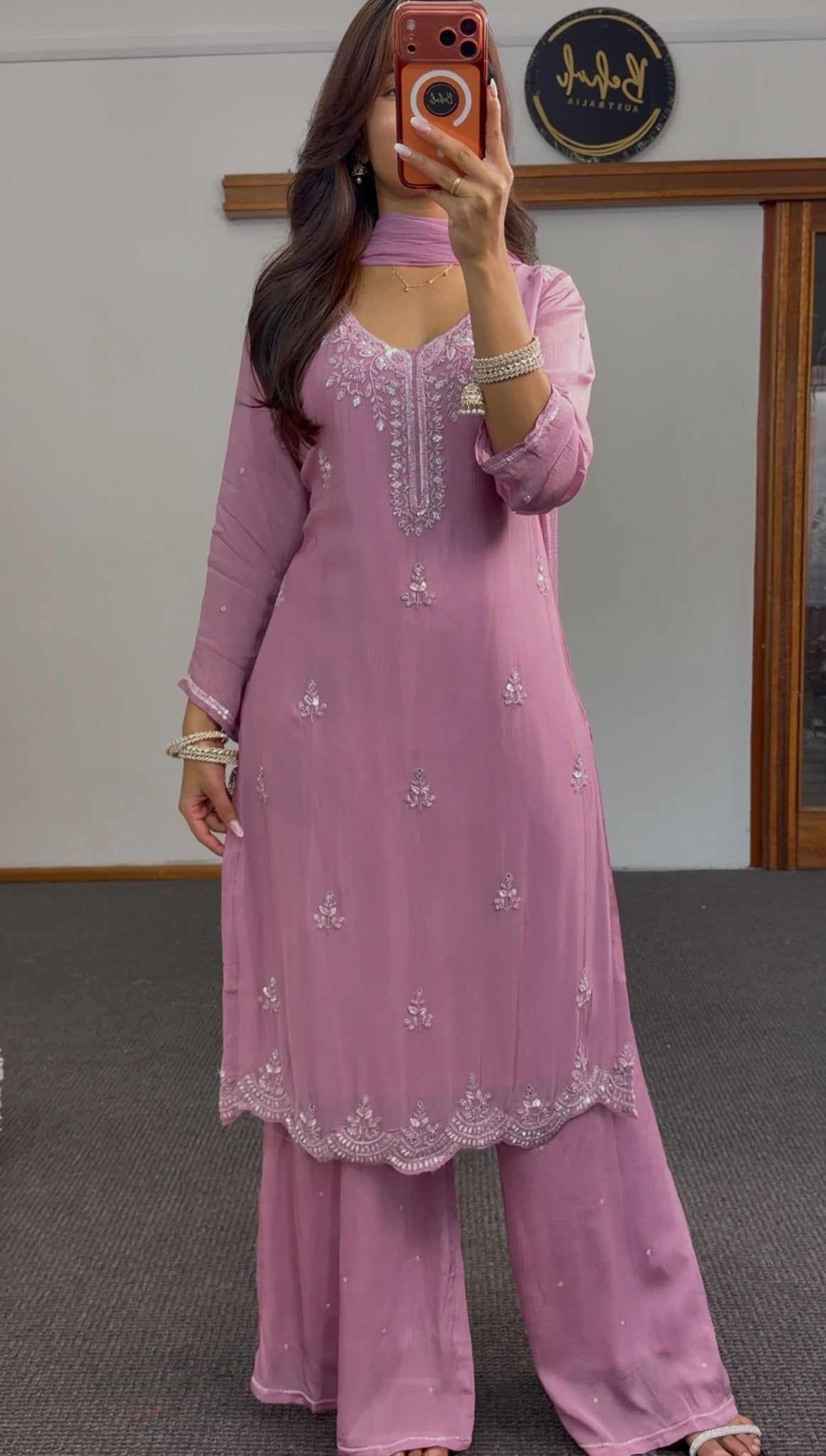 Dusty mauve palazzo suit set with silver-tone floral embroidery and scalloped hem border — Behuli Australia — view 3