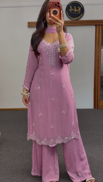 Dusty mauve palazzo suit set with silver-tone floral embroidery and scalloped hem border — Behuli Australia — view 3