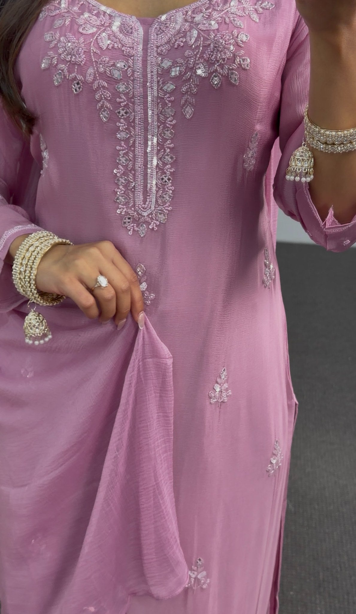 Dusty mauve palazzo suit set with silver-tone floral embroidery and scalloped hem border — Behuli Australia — view 4
