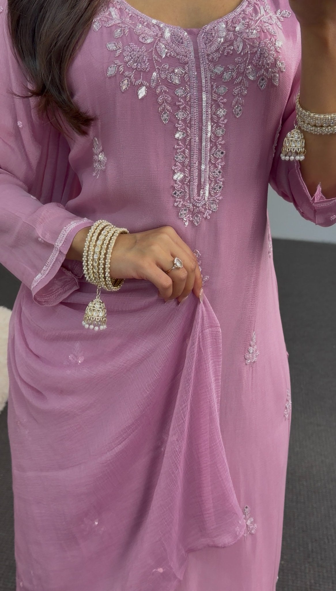 Dusty mauve palazzo suit set with silver-tone floral embroidery and scalloped hem border — Behuli Australia — view 5