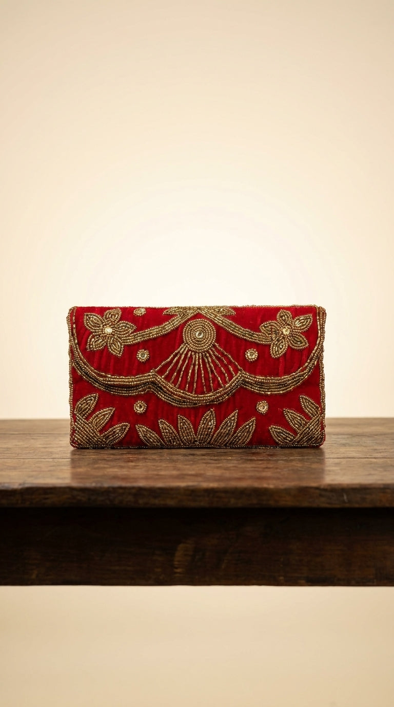 Red velvet-look clutch bag with gold beadwork floral and leaf embroidery detailing on wooden display shelf