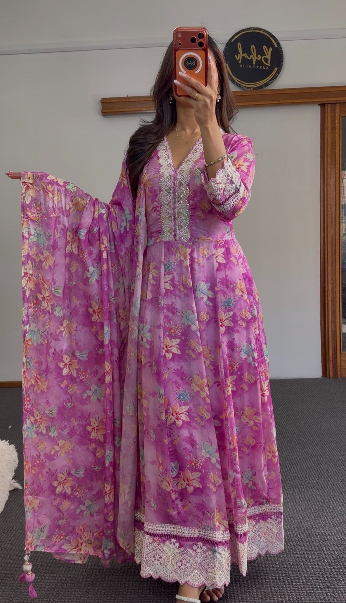 Fuchsia floral Anarkali set with sequin neckline embellishment, lace hem trim and matching printed dupatta — Behuli Australia