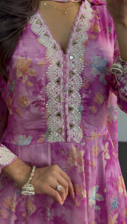 Fuchsia floral Anarkali set with sequin neckline embellishment, lace hem trim and matching printed dupatta — Behuli Australia — view 2