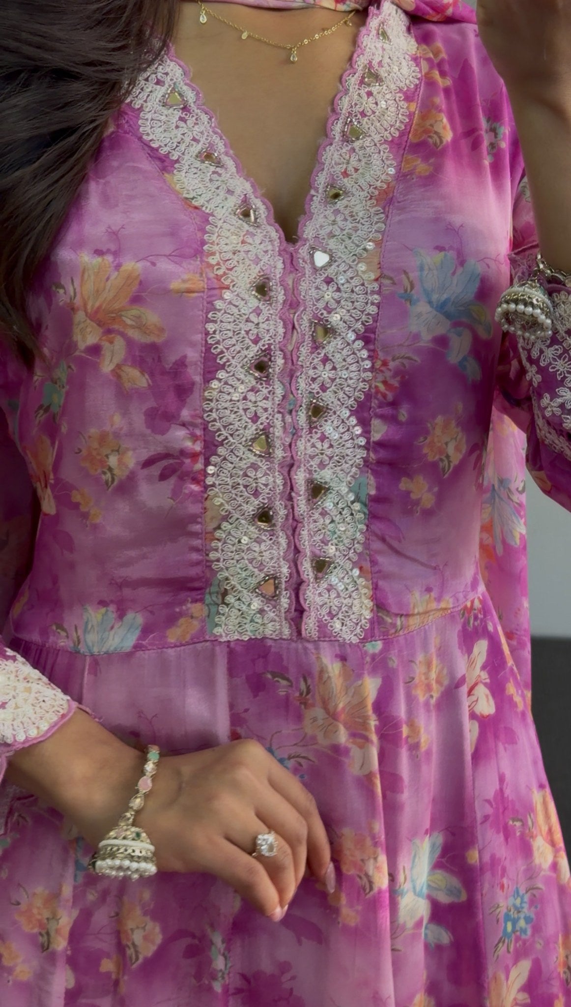 Fuchsia floral Anarkali set with sequin neckline embellishment, lace hem trim and matching printed dupatta — Behuli Australia — view 2