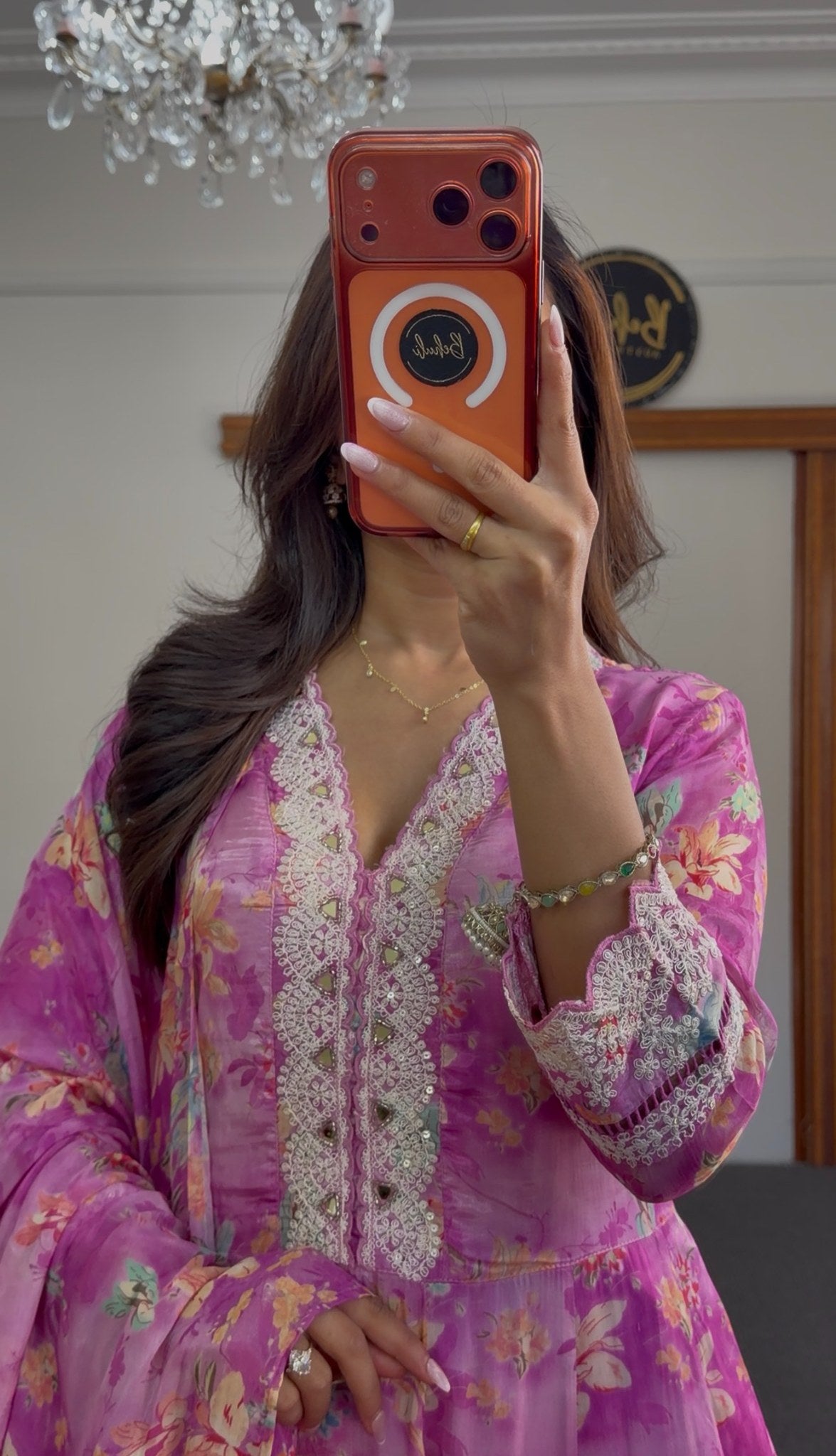 Fuchsia floral Anarkali set with sequin neckline embellishment, lace hem trim and matching printed dupatta — Behuli Australia — view 3