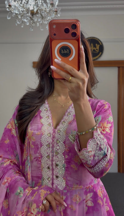 Fuchsia floral Anarkali set with sequin neckline embellishment, lace hem trim and matching printed dupatta — Behuli Australia — view 3