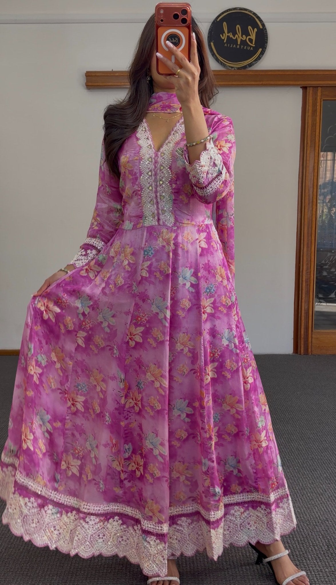 Fuchsia floral Anarkali set with sequin neckline embellishment, lace hem trim and matching printed dupatta — Behuli Australia — view 4