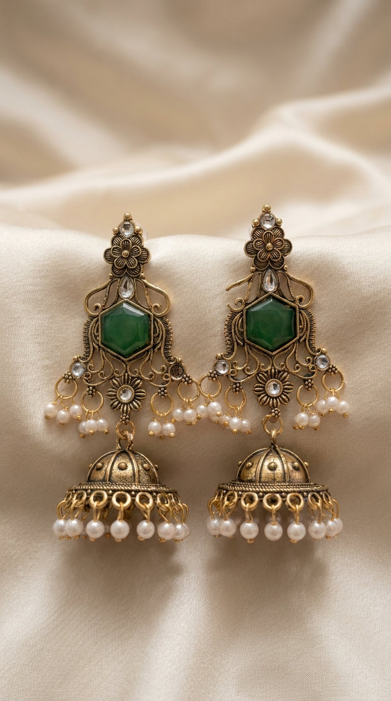 Antique gold-tone jhumka earrings with hexagonal green stone, filigree scrollwork and ivory pearl drops — Behuli Australia — view 2