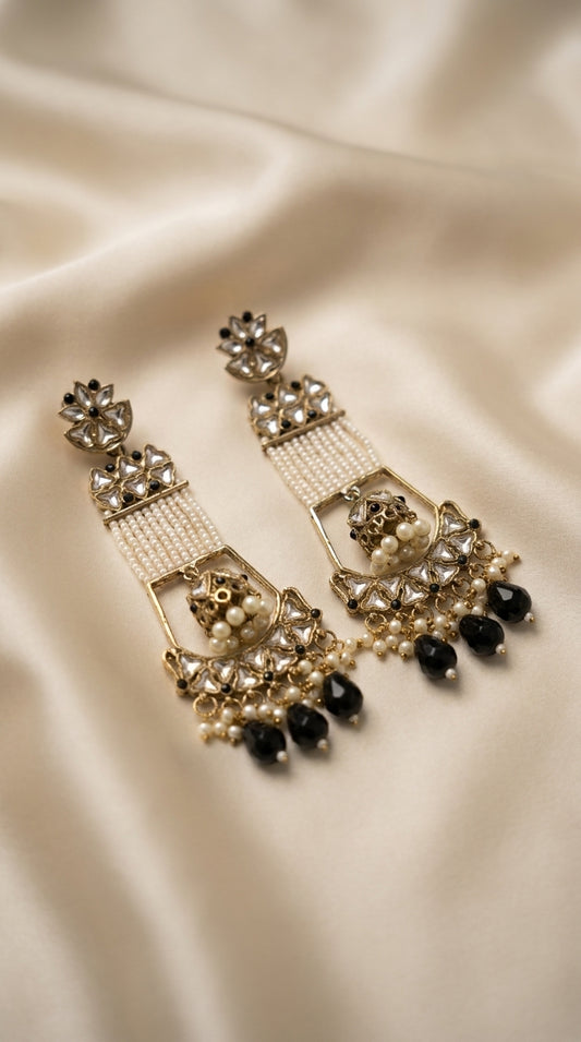 Ivory and mint green kundan-style chandbali earrings with seed pearl panels and faceted bead drops on cream silk — Behuli — Black