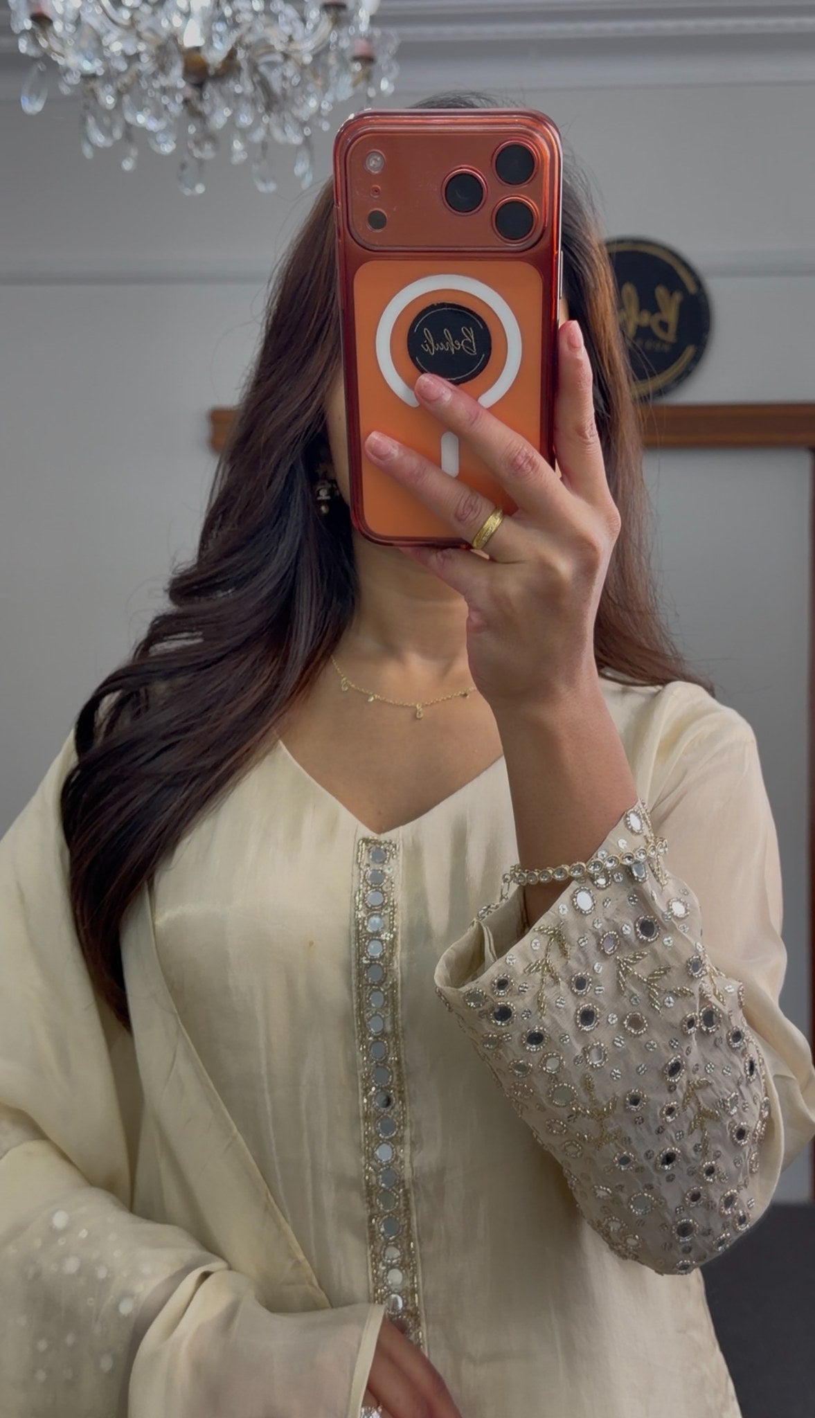 Ivory A-line kurti set with mirror work embroidered sleeves, embellished placket, and matching flowing dupatta — view 2