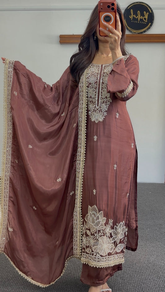 Rust brown kurti set with gold floral embroidery, embellished dupatta and matching bottoms — Behuli Australia