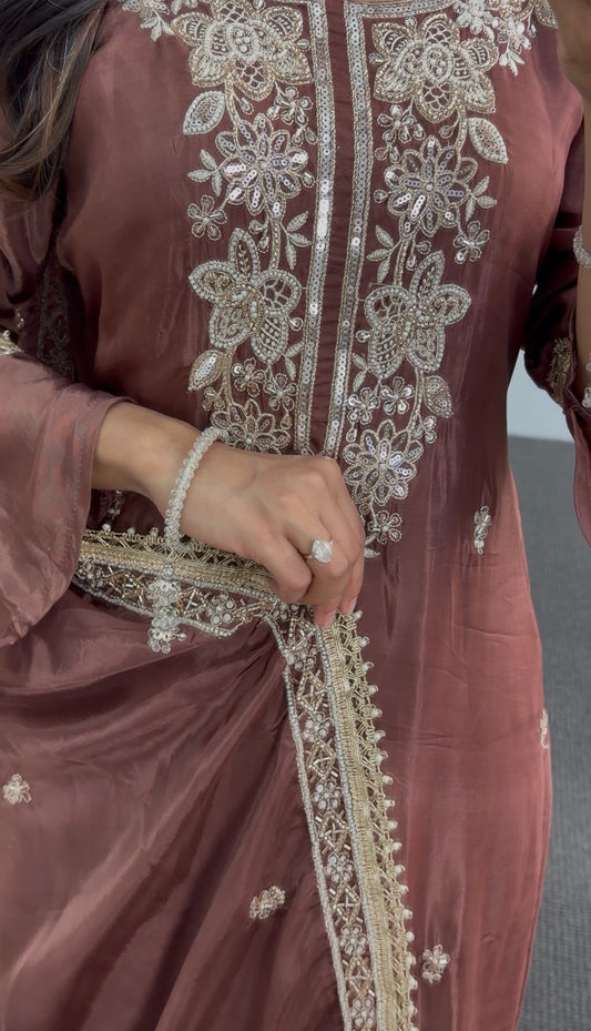Rust brown kurti set with gold floral embroidery, embellished dupatta and matching bottoms — Behuli Australia — view 2