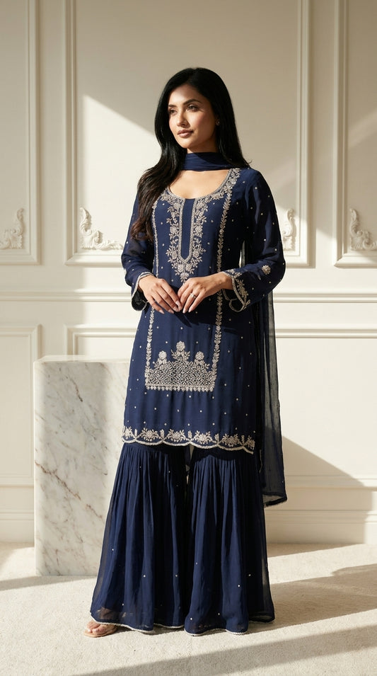 Navy blue sharara set with silver zari thread embroidery on kurta bodice and scalloped hem, matching sharara bottoms —