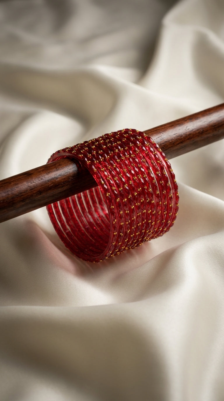 Set of 12 deep red glass-style bangles with gold bead detailing displayed on a dark wooden rod — Behuli Australia