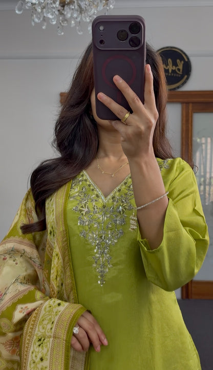 Lime green kurti set with embroidered stonework neckline, choker collar detail, and matching straight-leg pants — view 2