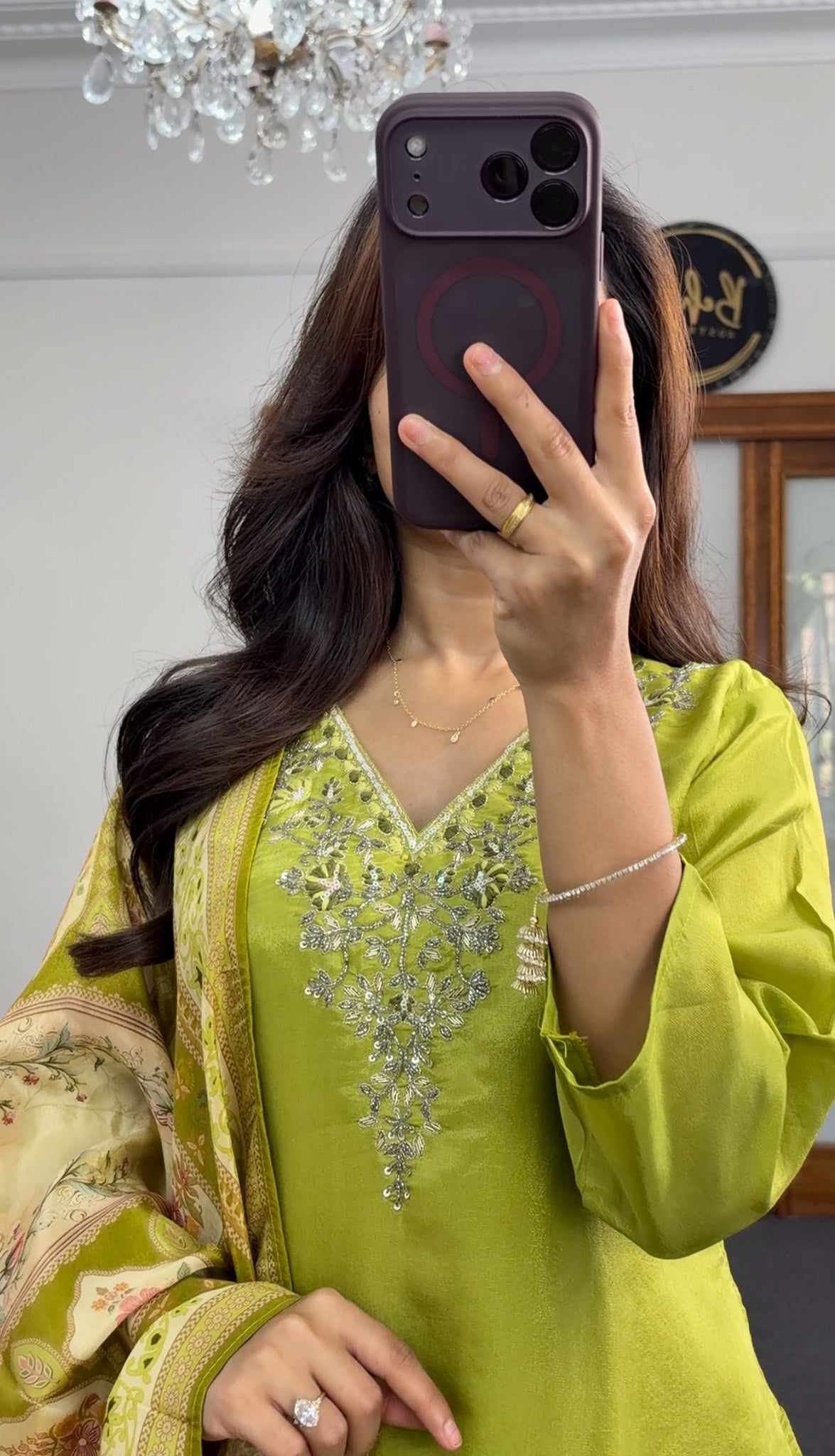 Lime green kurti set with embroidered stonework neckline, choker collar detail, and matching straight-leg pants — view 3