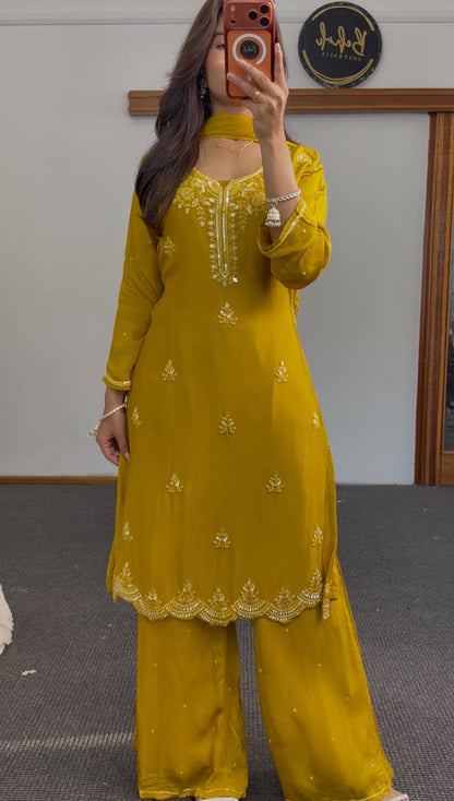 Mustard palazzo suit set with white floral embroidery, scalloped hemline and matching dupatta — Behuli Australia
