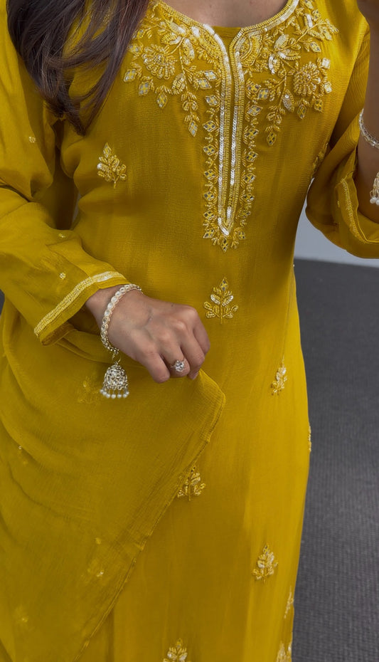 Mustard palazzo suit set with white floral embroidery, scalloped hemline and matching dupatta — Behuli Australia — view 2