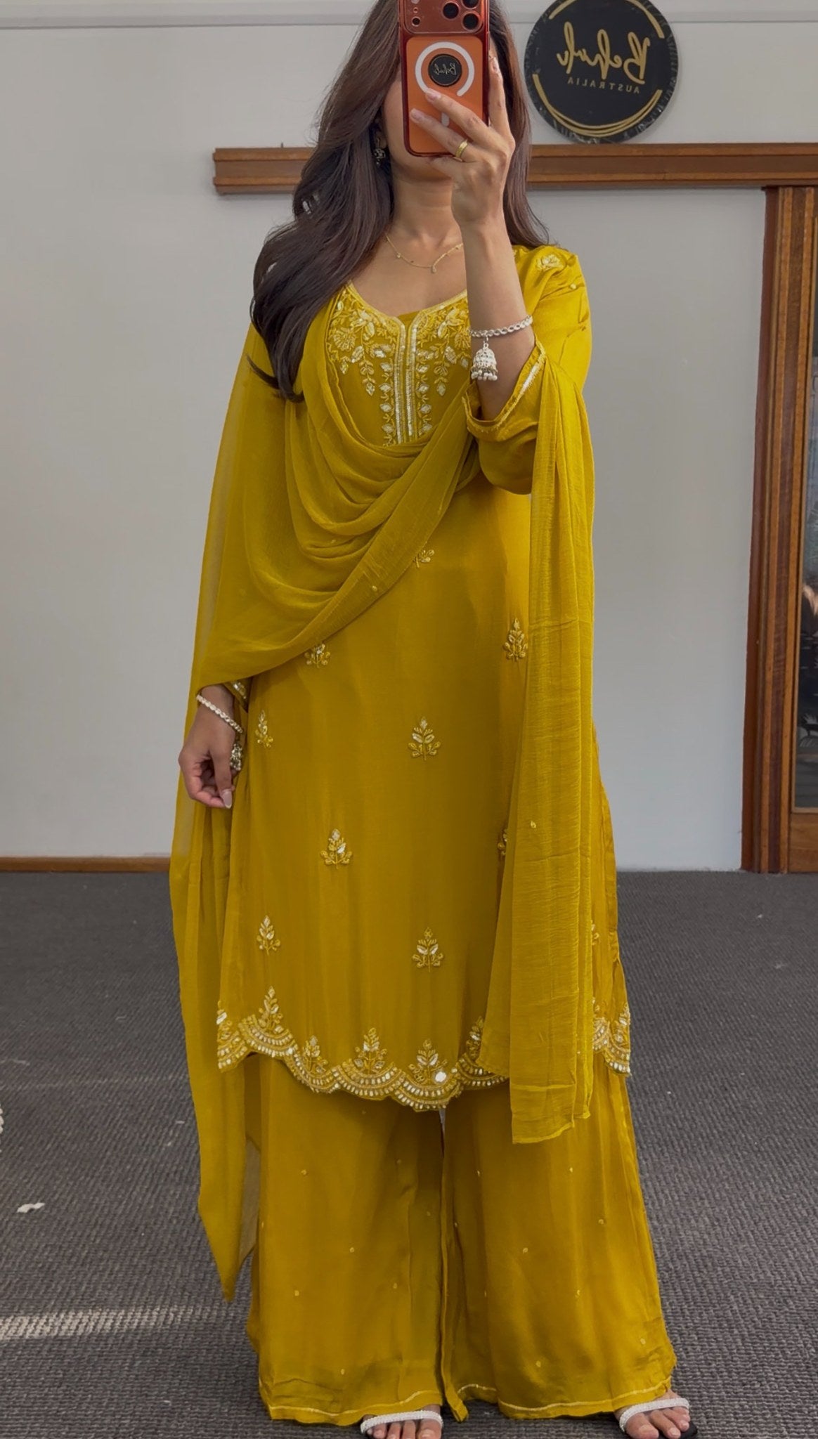 Mustard palazzo suit set with white floral embroidery, scalloped hemline and matching dupatta — Behuli Australia — view 3
