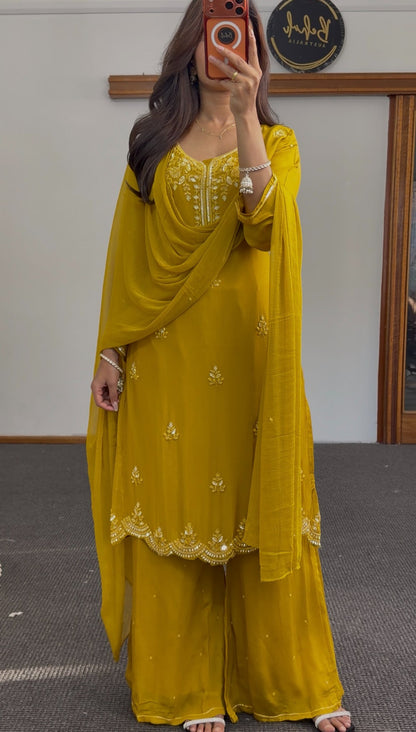 Mustard palazzo suit set with white floral embroidery, scalloped hemline and matching dupatta — Behuli Australia — view 3