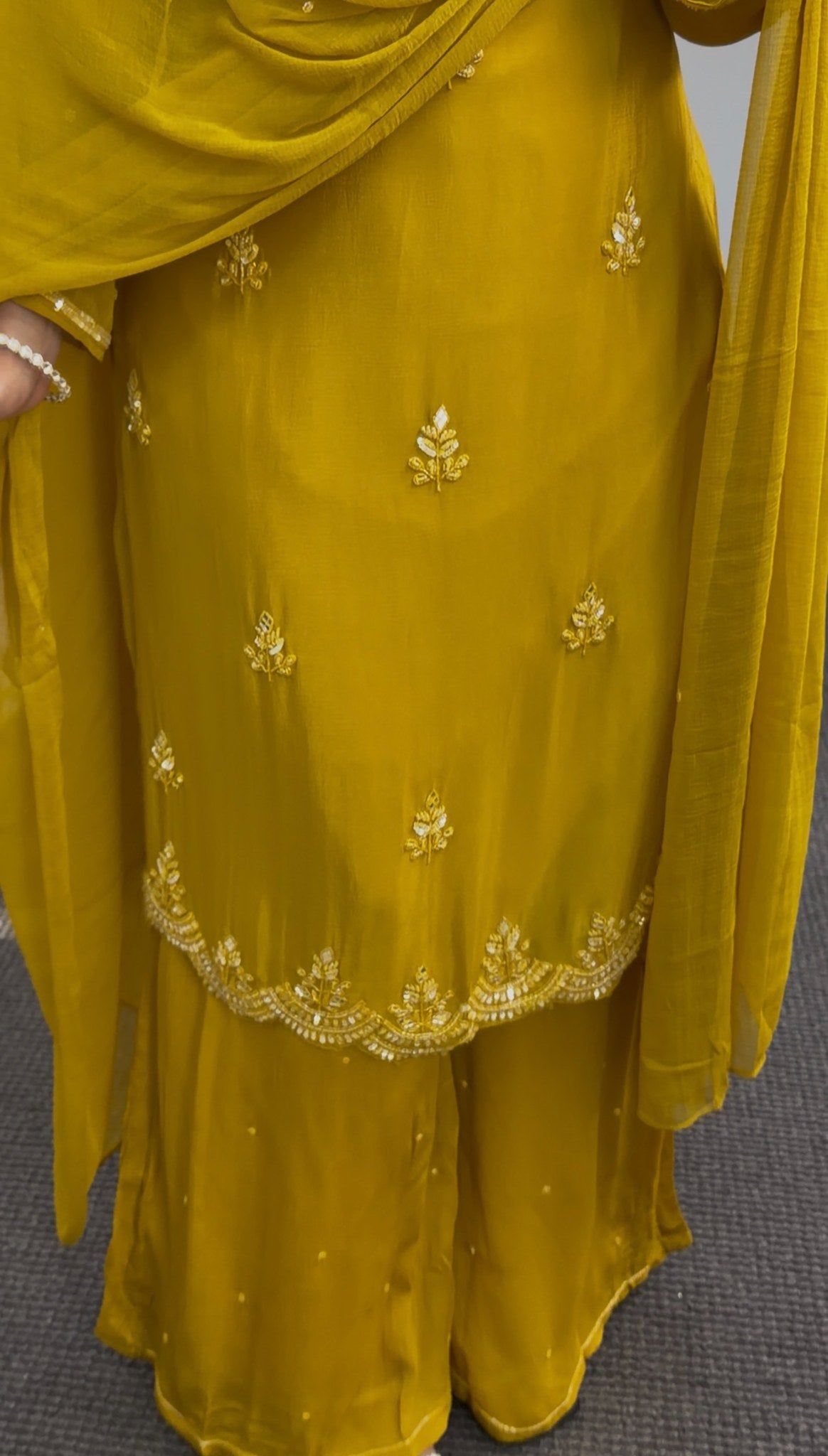 Mustard palazzo suit set with white floral embroidery, scalloped hemline and matching dupatta — Behuli Australia — view 4