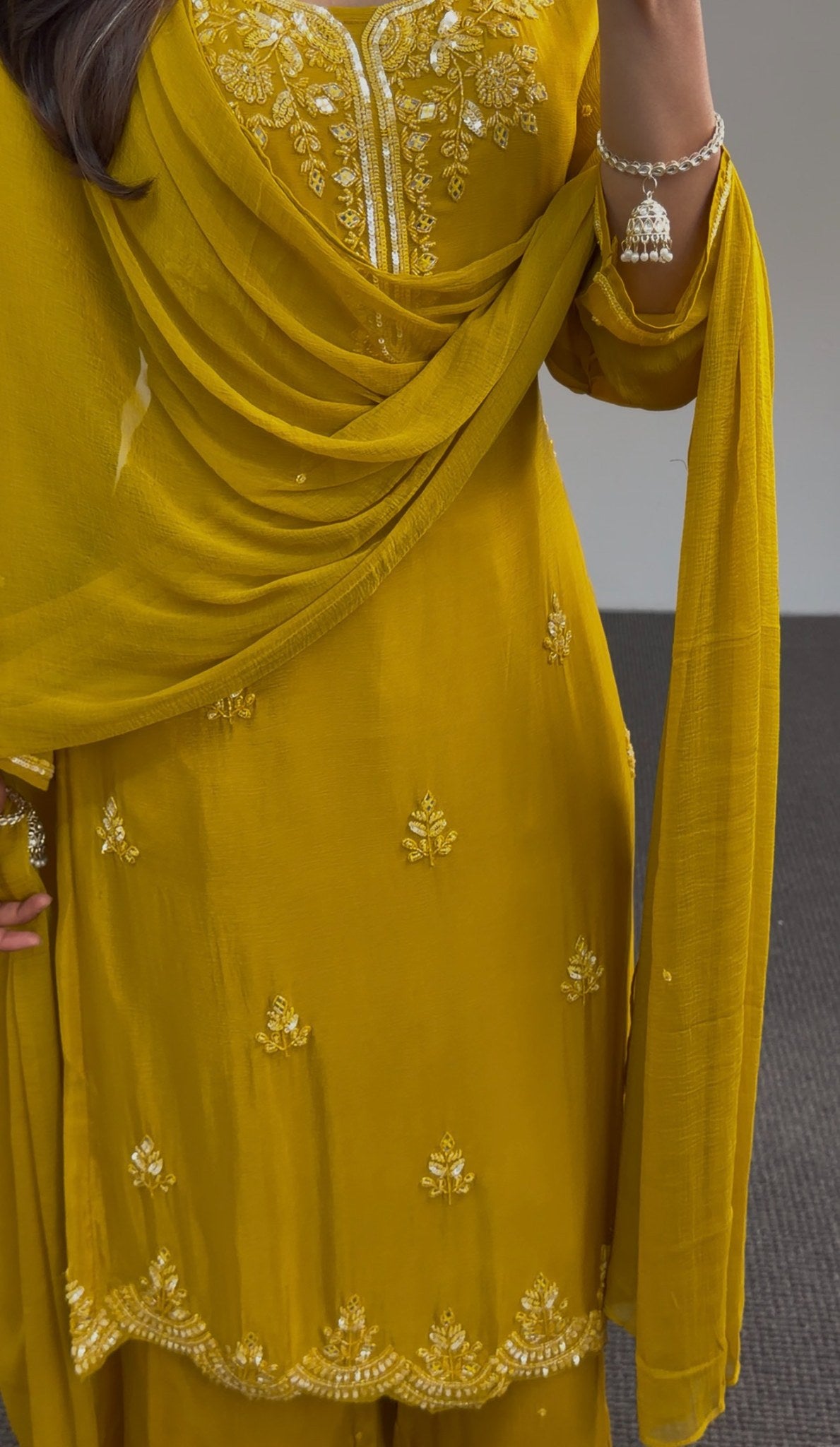 Mustard palazzo suit set with white floral embroidery, scalloped hemline and matching dupatta — Behuli Australia — view 5
