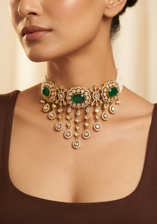 Gold-tone kundan choker and earring set with emerald green gemstone centrepieces and cascading white stone teardrop pendants — view 2